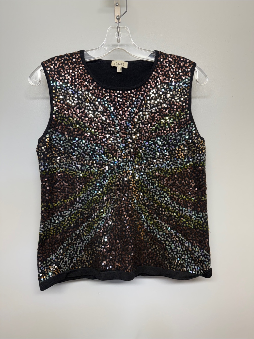 Louis Feraud Silk Black Sequin Scoop Neck Party Top